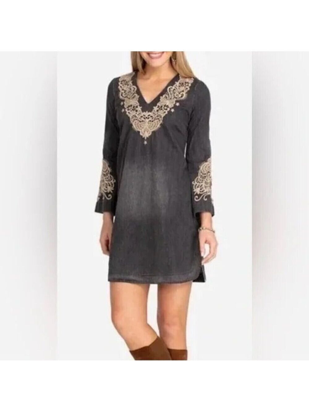 Johnny Was Womens Neema Tunic Dress Gray Chambray Embroidery Size Small EUC